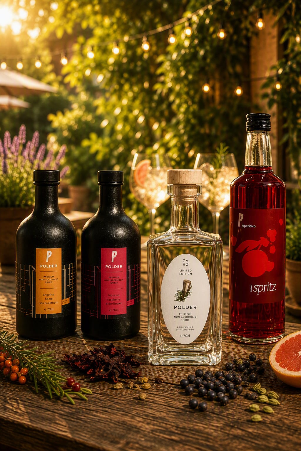 Polder Drinks assortiment met gin, spritz en botanicals in de polder